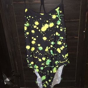 Black Swimsuit with Neon Green Splatter Accents